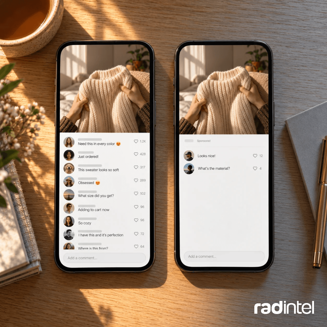 Two phones side by side showing the same organic creator content but to two different audiences. One audiences knows the creator and is reacting well with lots of engagement, the other audience is new and isn't interacting with the content.