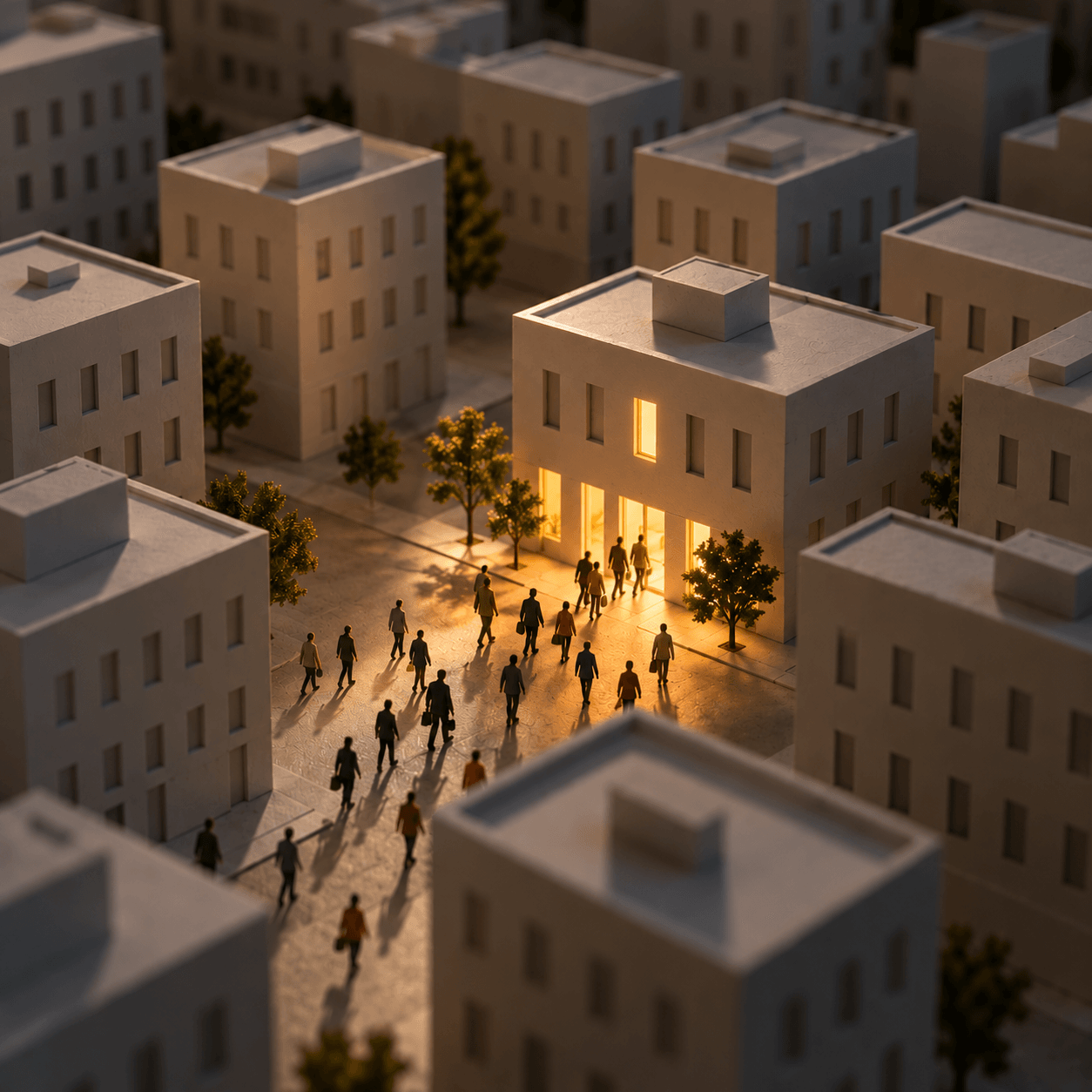 Miniature cityscape of nearly identical beige buildings, with people walking toward one warmly lit building as the surrounding structures remain dark.