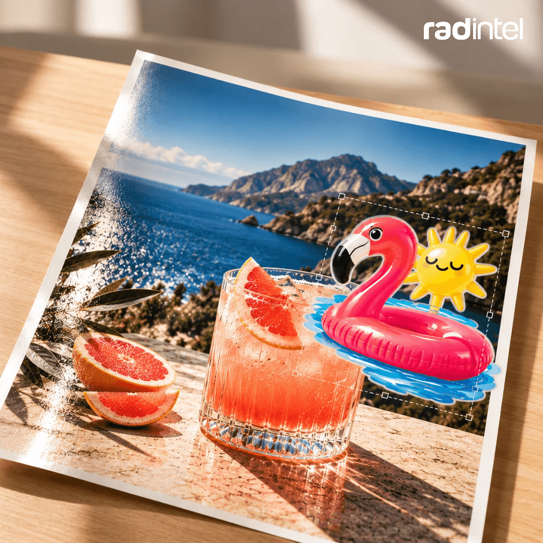 A glossy print advertisement featuring a grapefruit cocktail overlooking the Mediterranean, with an out-of-place AI-generated pink flamingo and cartoon sun added to the creative.