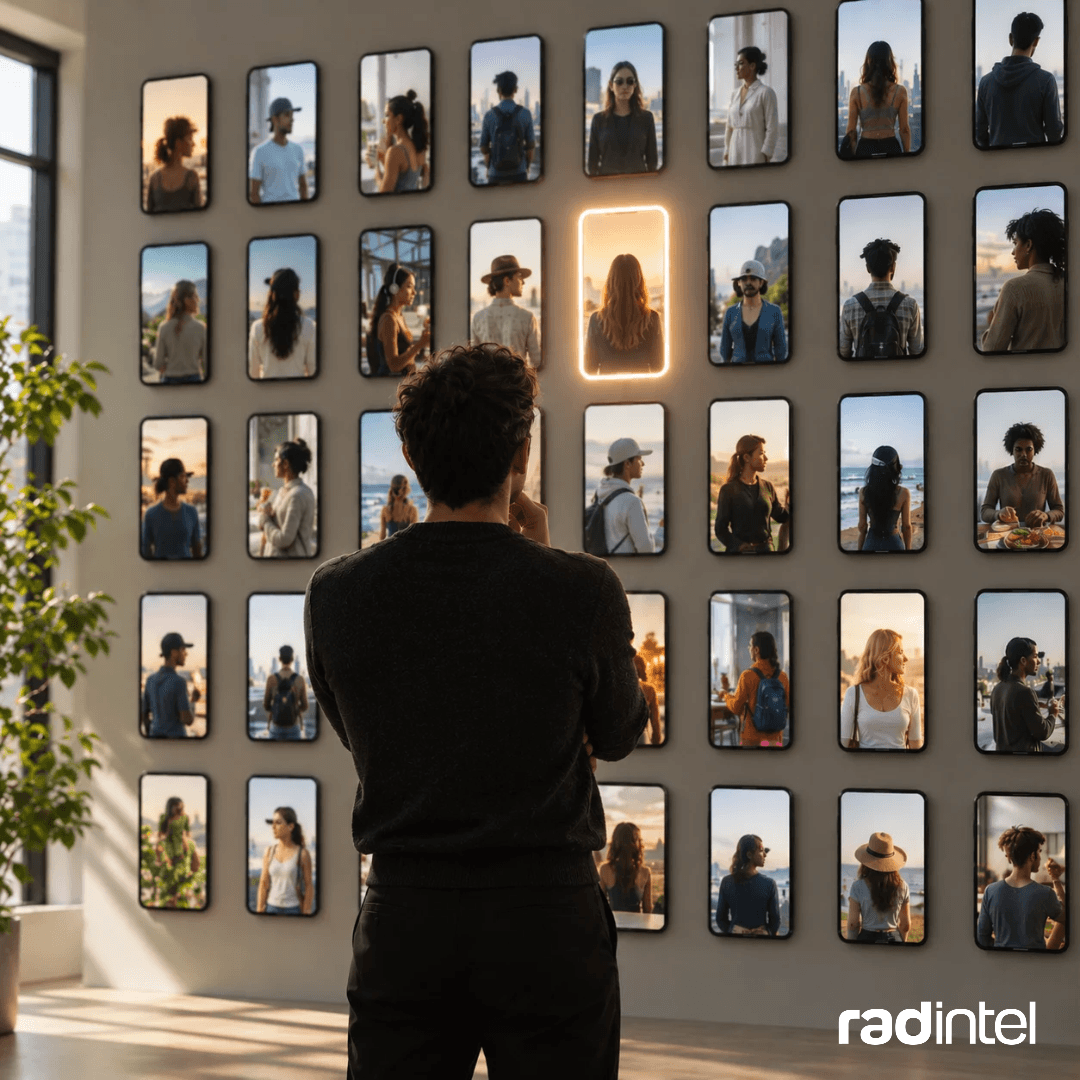 A marketer stands in front of a wall of smartphone screens showing dozens of creators, with one screen glowing, illustrating how brands choose creator partners as creator marketing budgets grow.