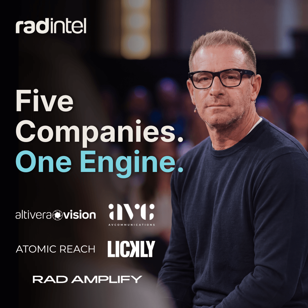 Jeremy Barnett, CEO of RAD Intel, next to the logos of the five companies he's acquired.