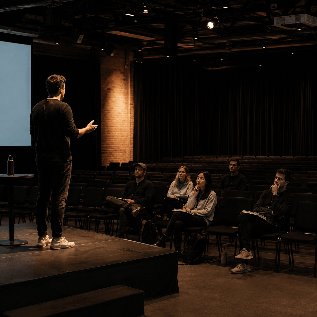 A business owner standing on stage, preaching to an almost empty auditorium.