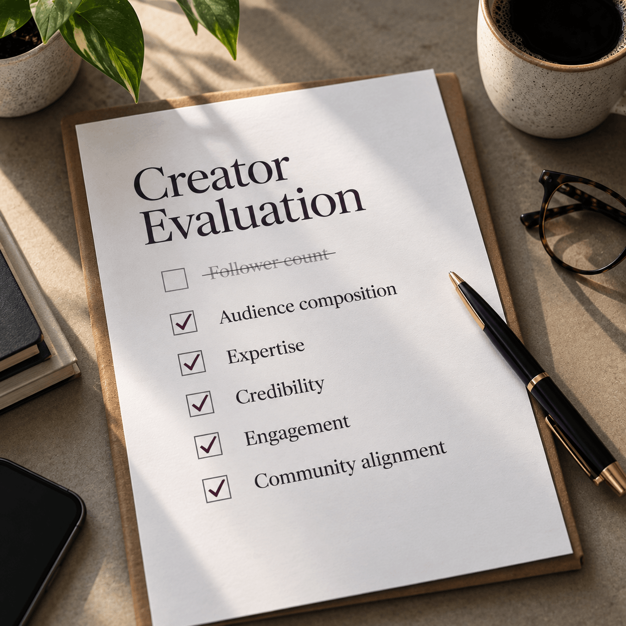 Creator evaluation checklist prioritizing audience composition, expertise, credibility, engagement and community alignment over follower count.
