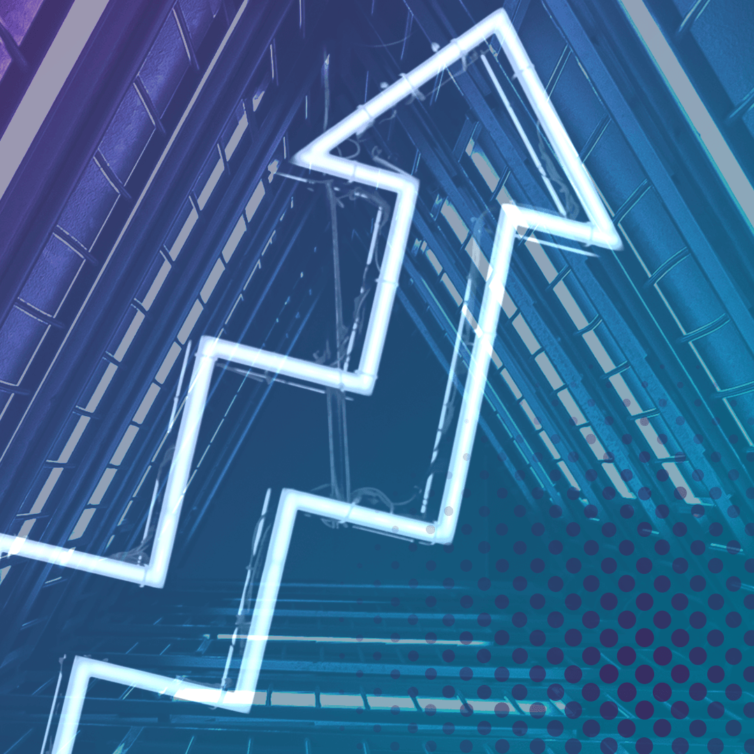 Neon arrow pointing up to show Return on Intelligence with RAD Intel coloring overlay