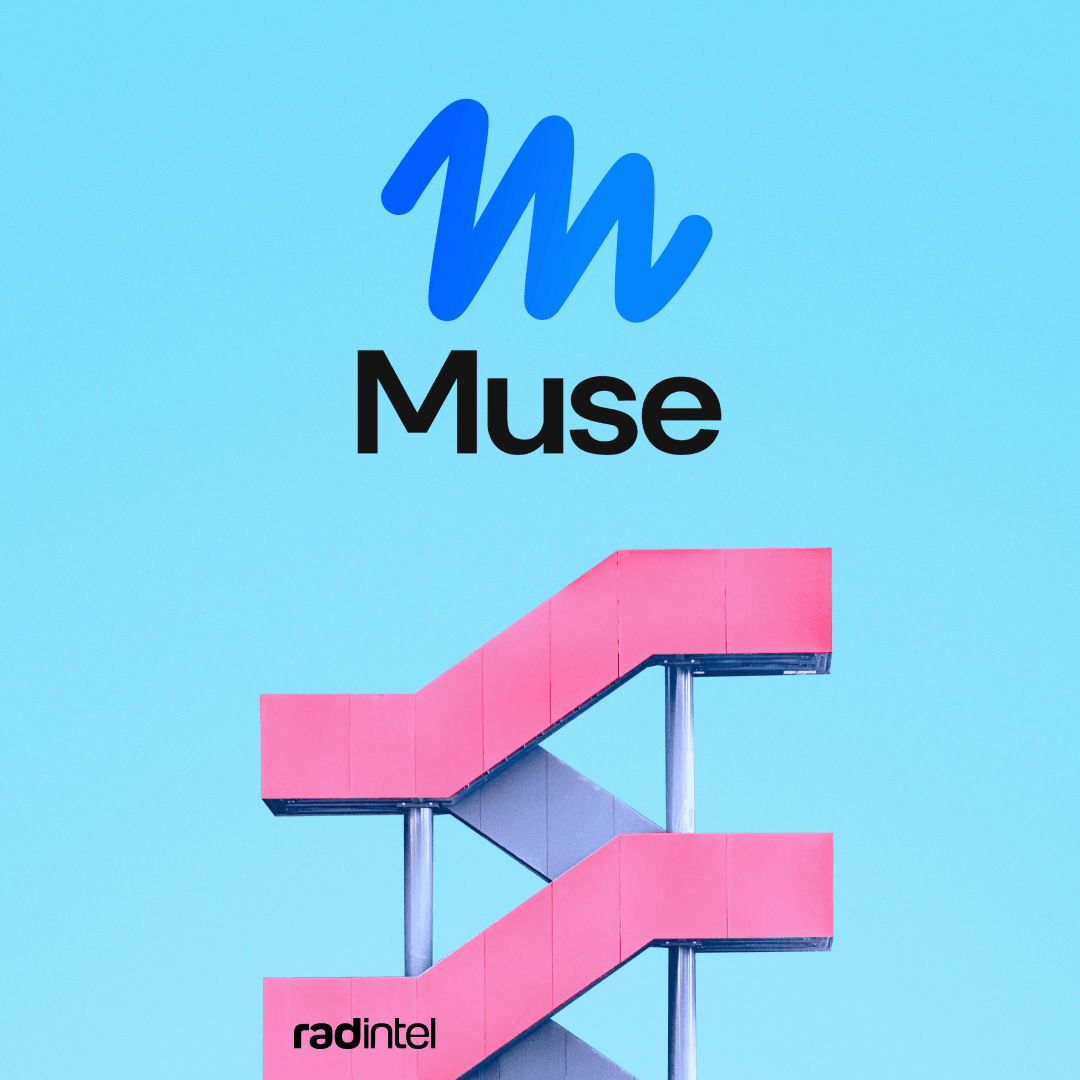 Muse logo above a pink exterior staircase zigzagging upward against a bright blue sky, with the RAD Intel logo at bottom left.