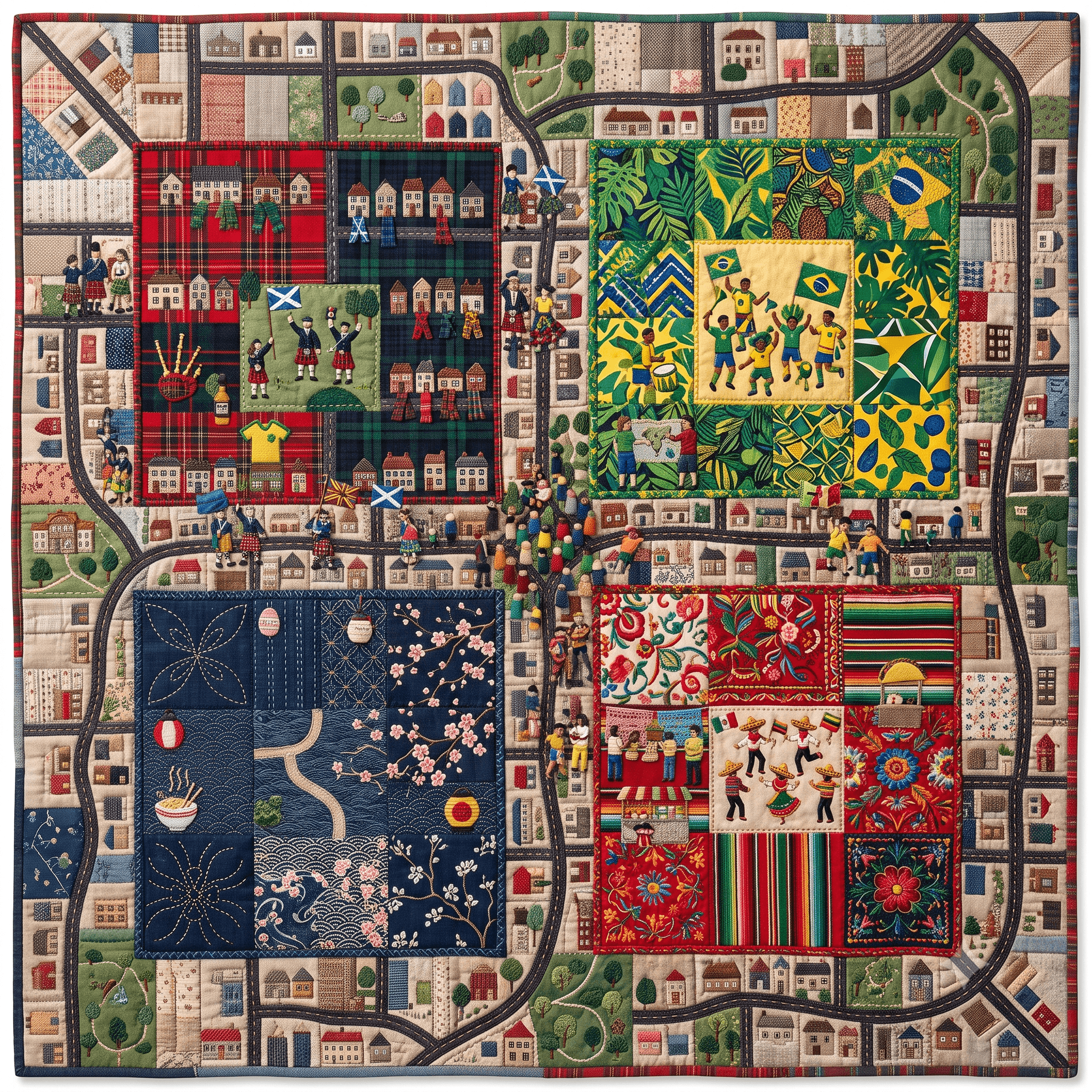 Ai image of quilt weaving together communities.