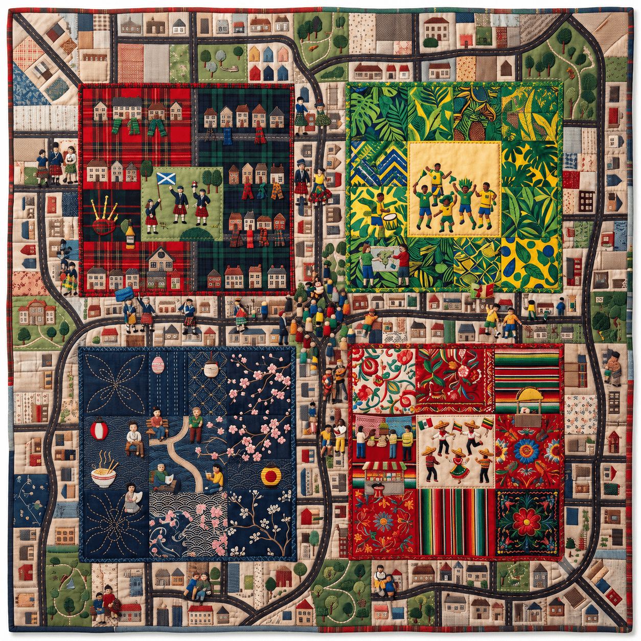 Ai image of quilt weaving together communities.