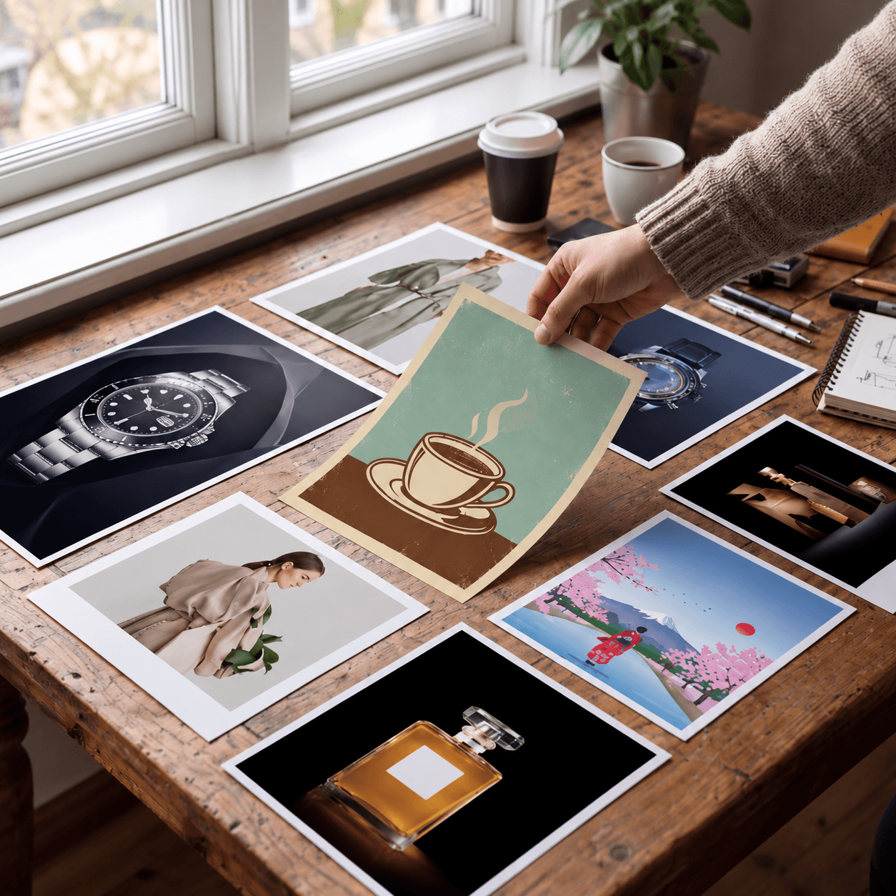 A hand selects a creative concept from a collection of advertising visuals spread across a wooden table, illustrating creative evaluation and human judgment in marketing.