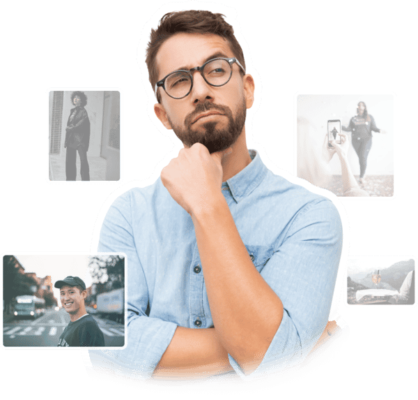 A man thinking with influencer content around him