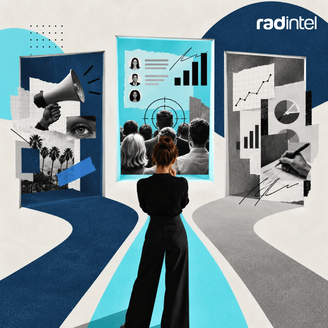 A marketer stands at three branching paths representing marketing, audience intelligence, and data analytics, illustrating how marketing decision intelligence helps evaluate strategic choices.