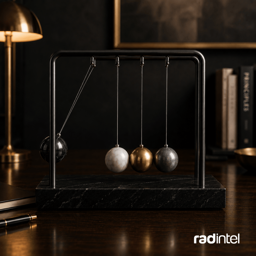 Image showing Newton's Cradle, depicting the momentum and competition of AI models right now.