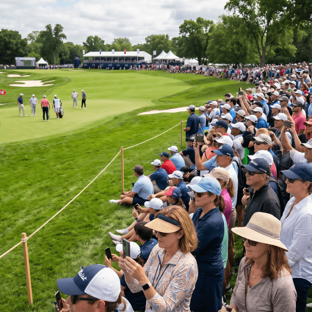 People watching a golfer at a golf tournament.