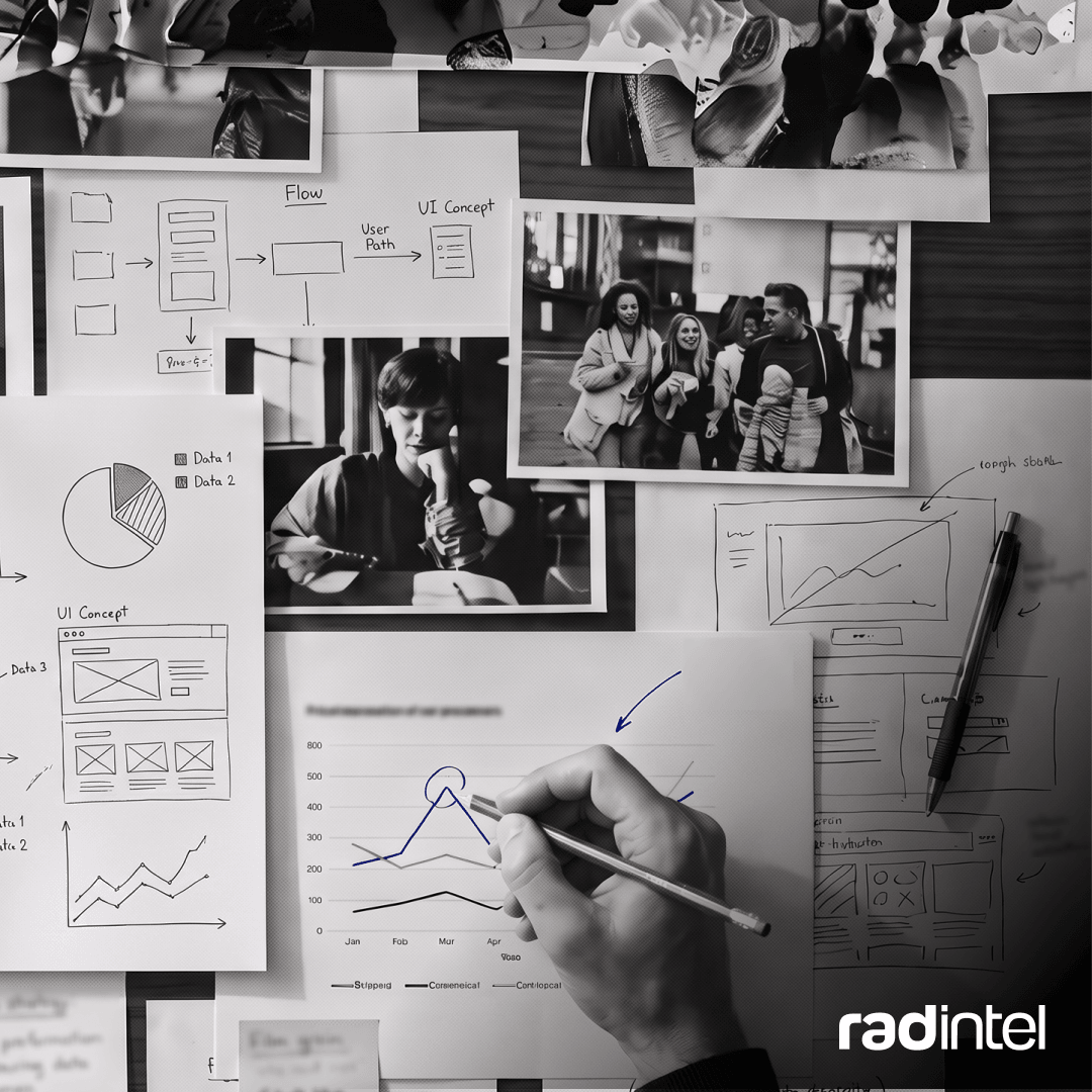 Papers, images, and data on a wall, showing the thinking behind a decision, the assumptions, alternatives, and evidence a person considered.