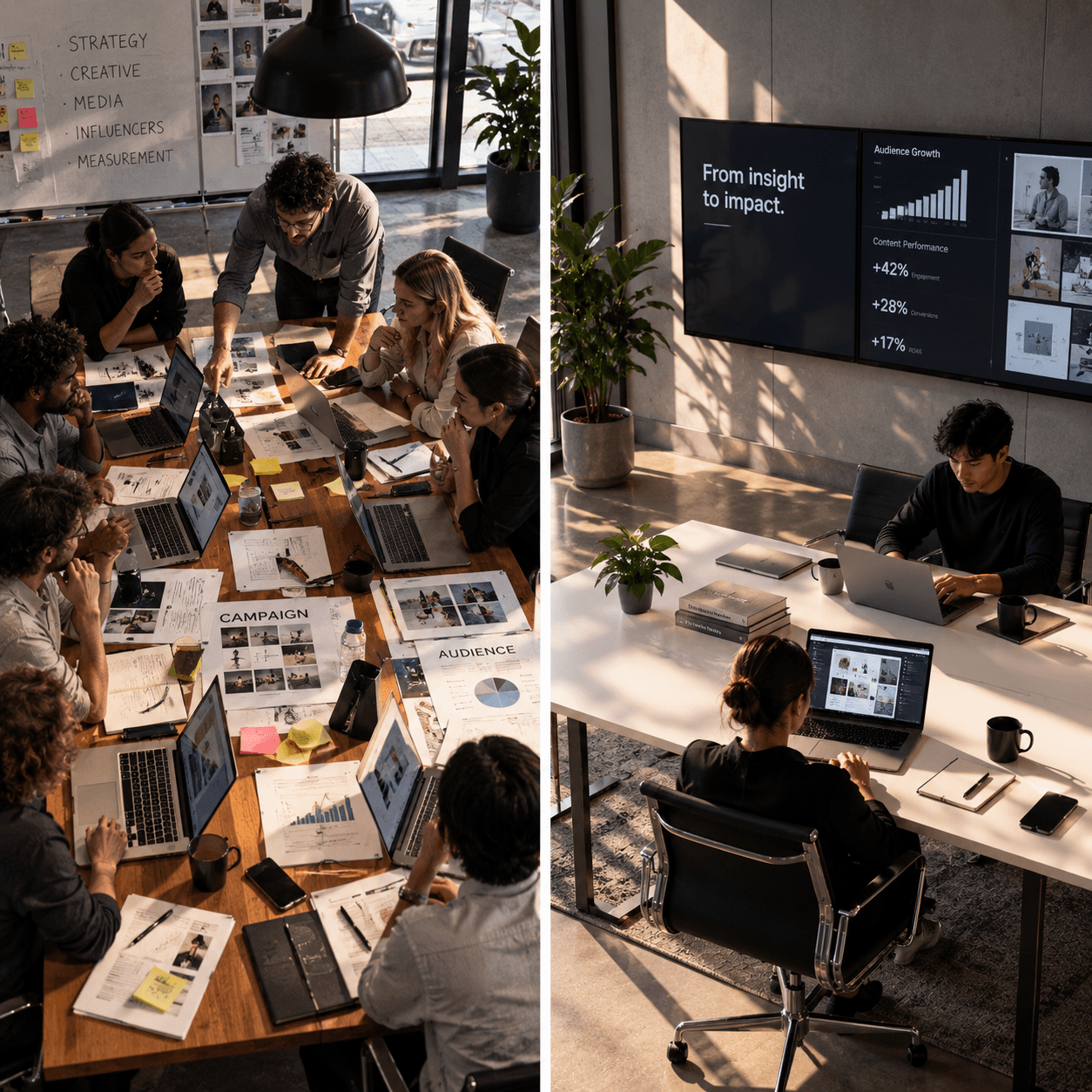 Two different teams showing one using manual work and one using AI.
