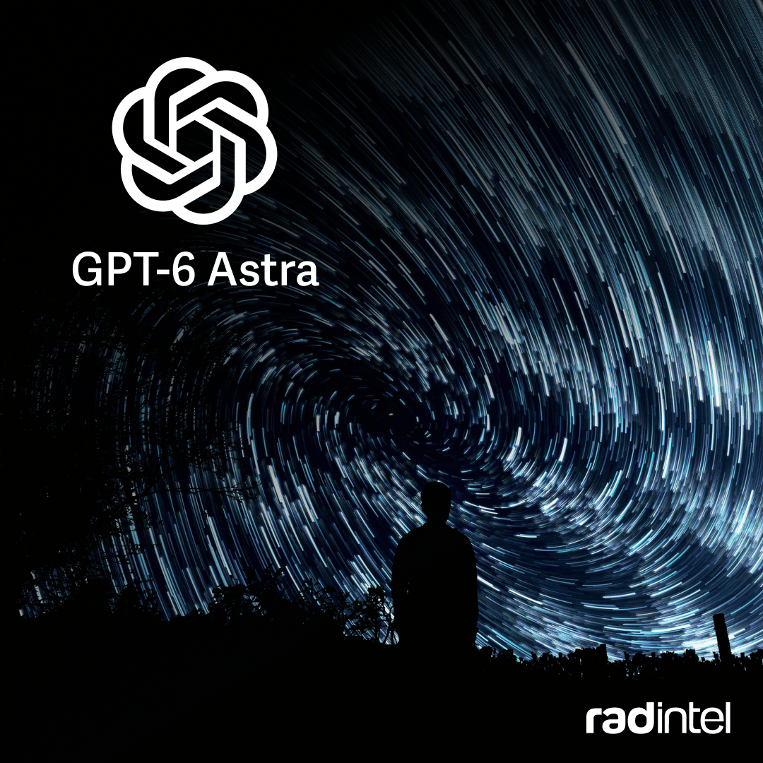 OpenAI logo and “GPT-6 Astra” over a star-trail night sky with a silhouetted person looking up.
