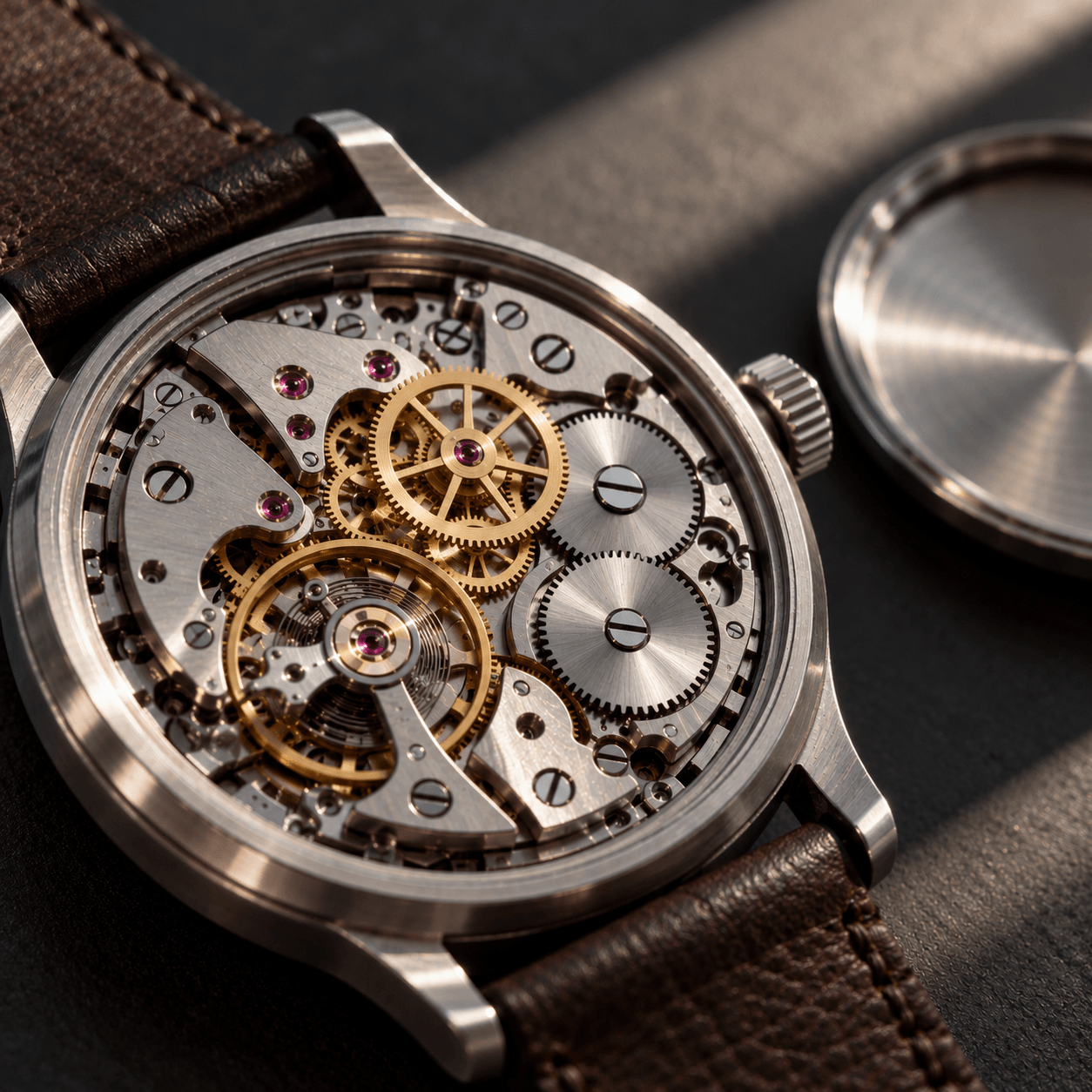 Open gold watch with its case back removed beside it, exposing the gears and jewels of the movement in warm side light.