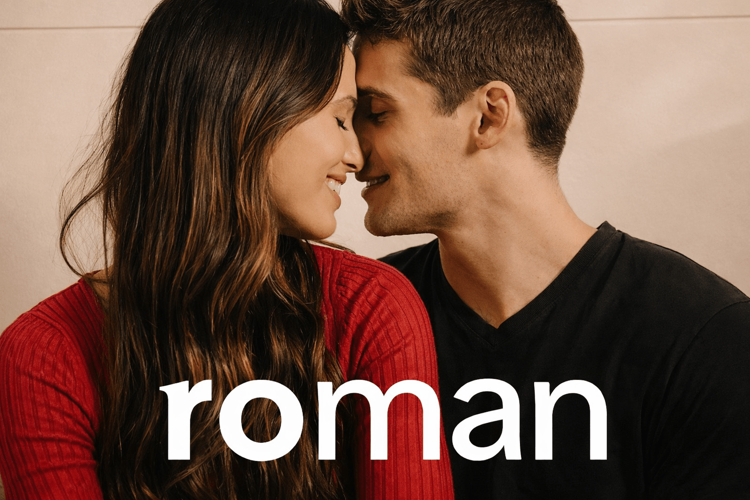 To people touching their faces together with the Ro Man logo in front of them