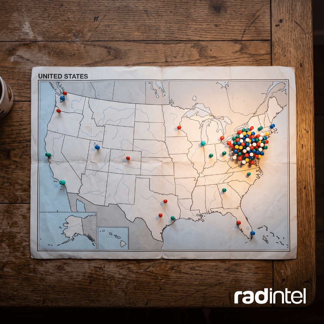 A United States map on a table, with a cluster of pins around the northeast, indicating a big audience segment. But other pins scattered around the map, suggesting there are other opportunities to reach other audiences. d