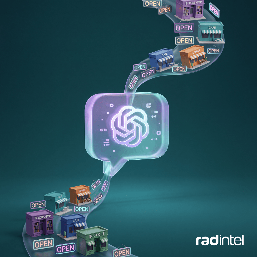 Illustration of small businesses with open signs flowing into and out of a ChatGPT interface.