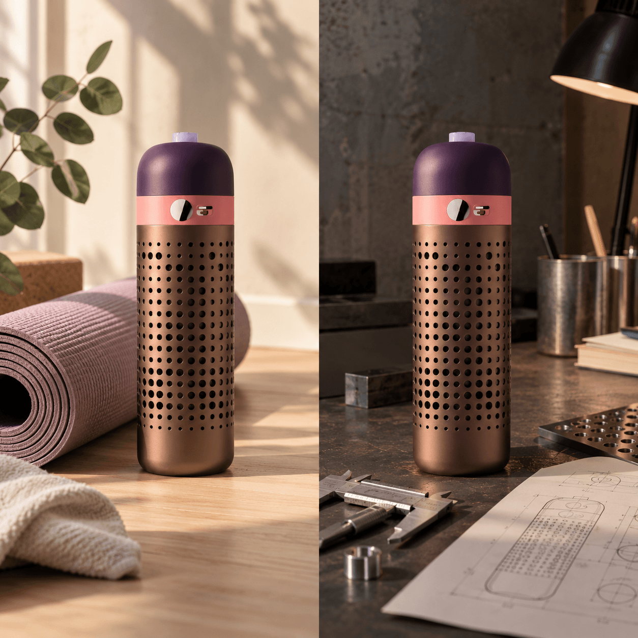 Okapa water bottle shown in two settings: beside a yoga mat in a sunlit wellness space and on a workbench with engineering tools and technical drawings, illustrating two distinct creator audiences.