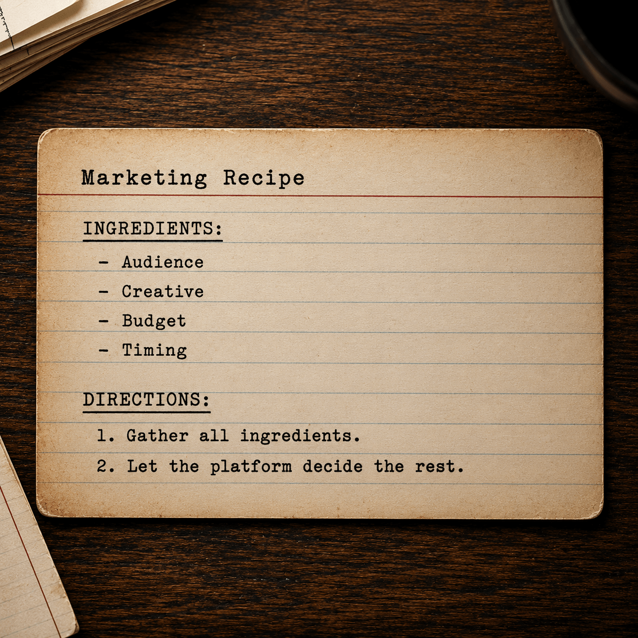 Recipe card for marketing that shows the power goes to platforms.
