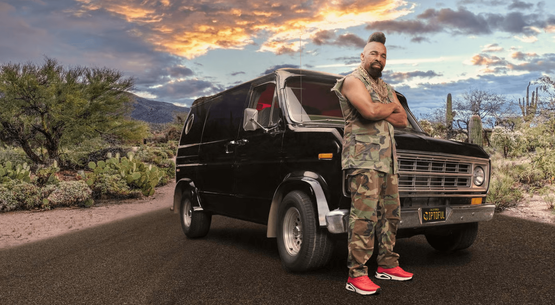 Mr T. standing in front of a van wearing Skechers shoes