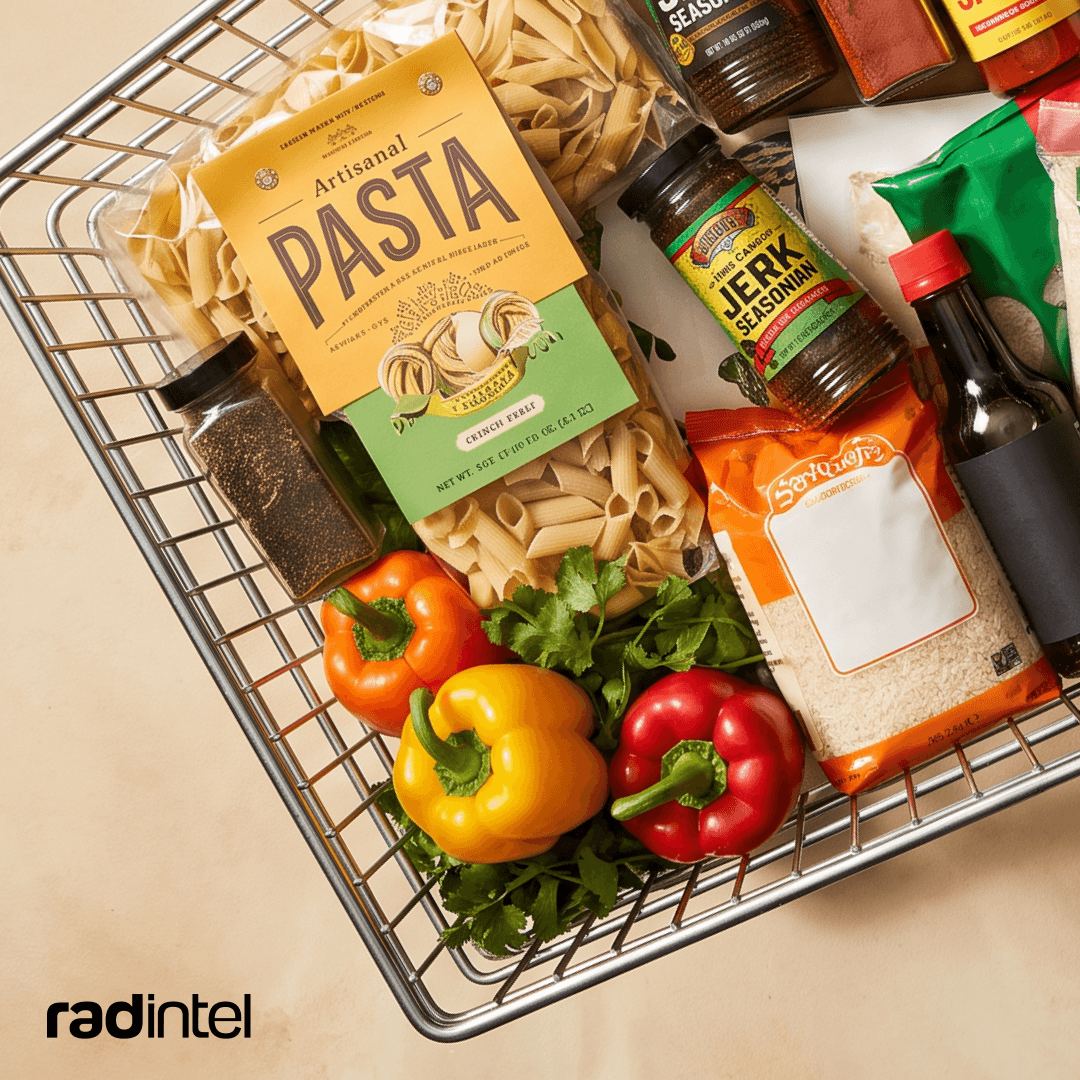 Products traditionally associated with different cuisines, now sitting side by side in a shopping cart.