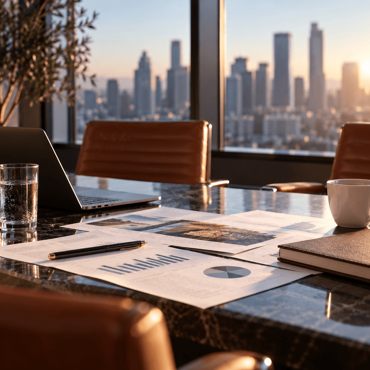 Financial reports and business documents spread across a conference table in a modern boardroom overlooking a city skyline.