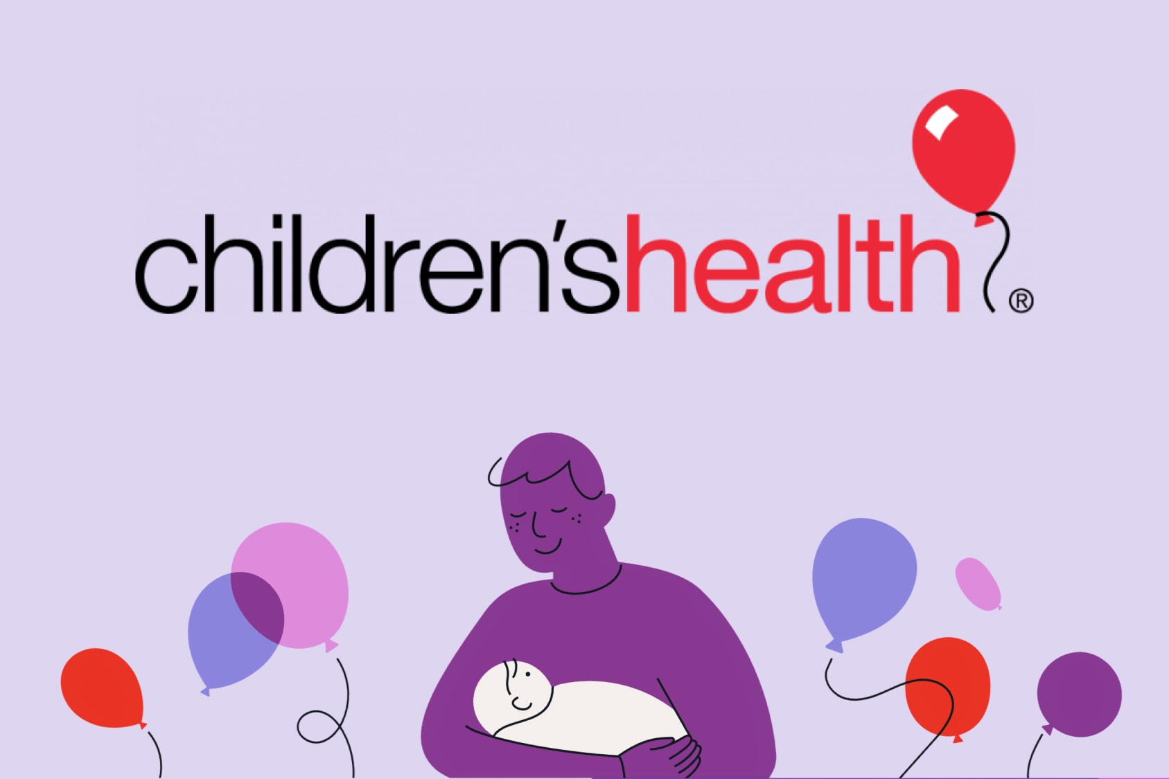 Children's Health logo on purple background with illustration of person holding a baby.