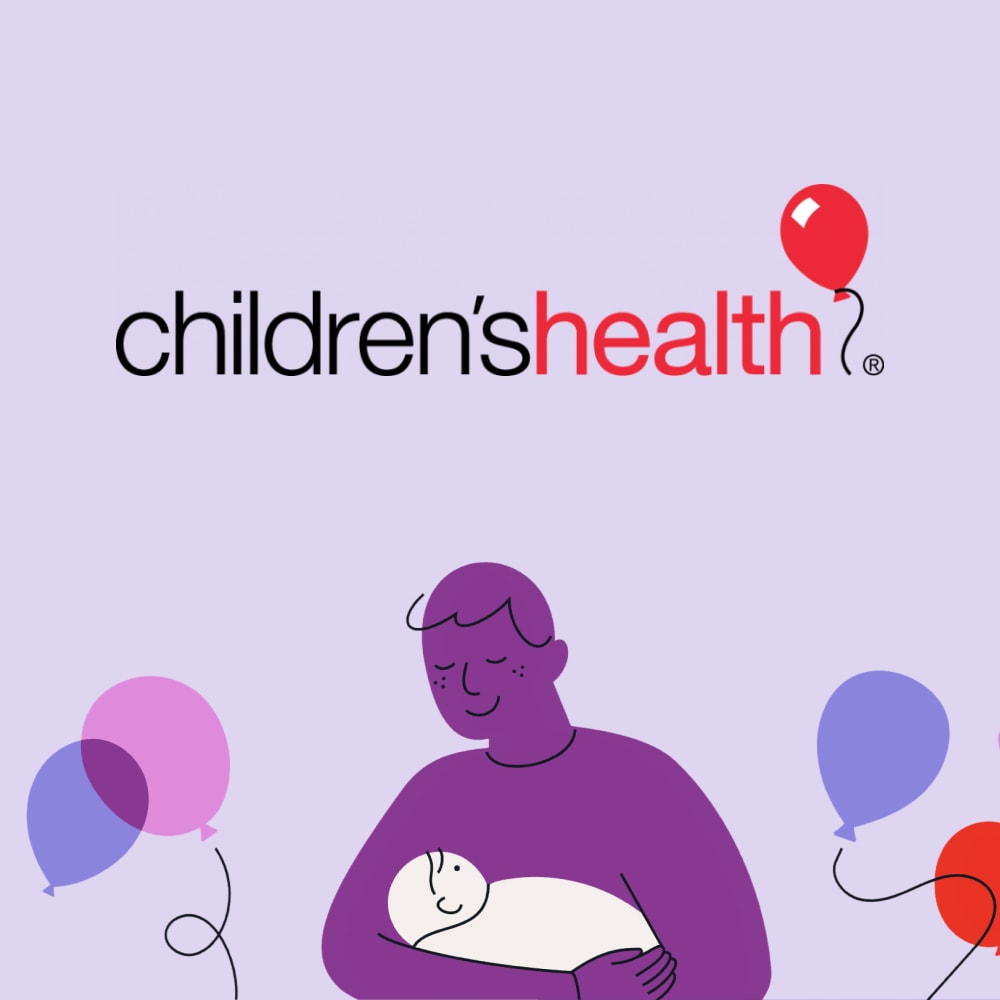 Children's Health logo on purple background with illustration of person holding a baby.