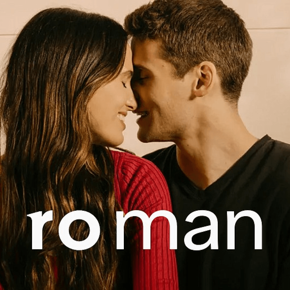 To people touching their faces together with the Ro Man logo in front of them