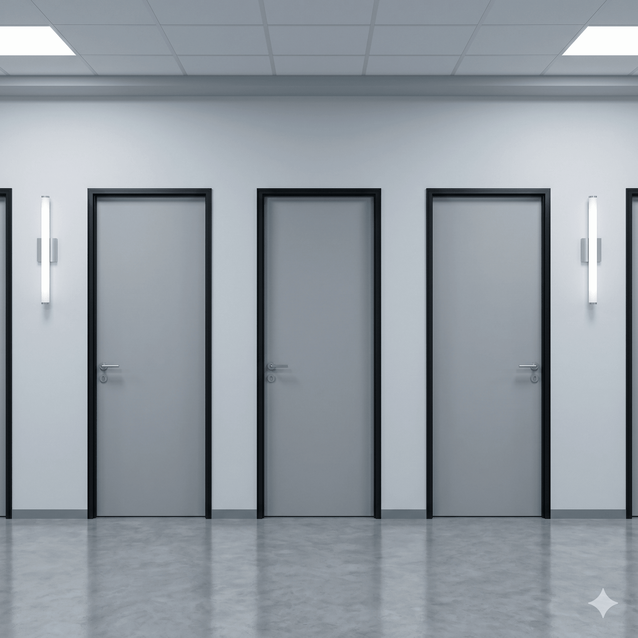 Doors in a row, indicating sameness and access to AI knowledge becoming common.