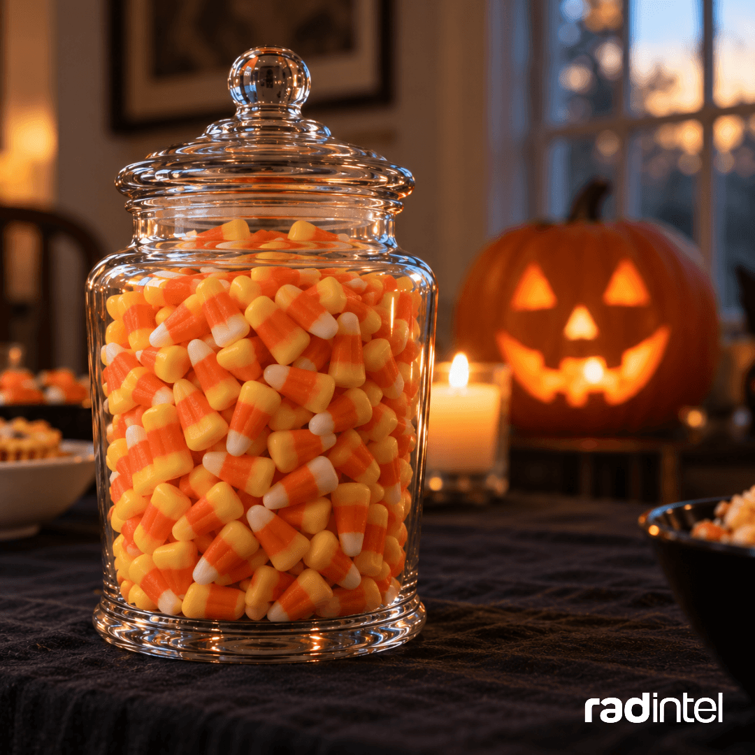 Glass apothecary jar filled with candy corn on a dark Halloween party table, with a glowing jack-o’-lantern and candle softly blurred in the background.