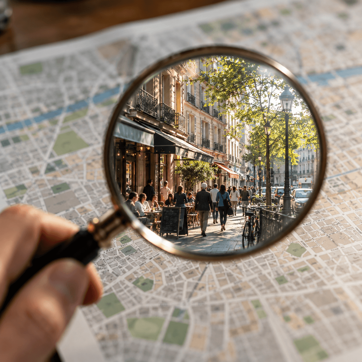 A hand holds a magnifying glass over a printed city map, revealing a sunlit Paris street inside the lens, with café tables, pedestrians, and tree-lined buildings.