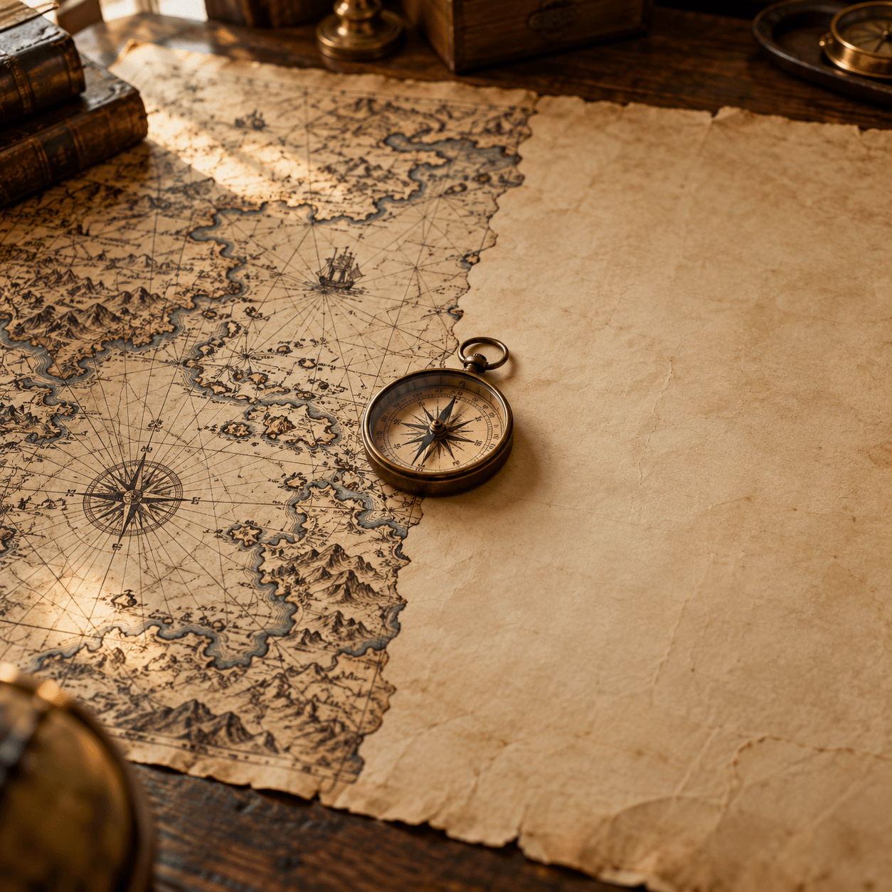 Antique map that ends partway across a desk, with a compass resting where the charted coastline gives way to blank parchment.