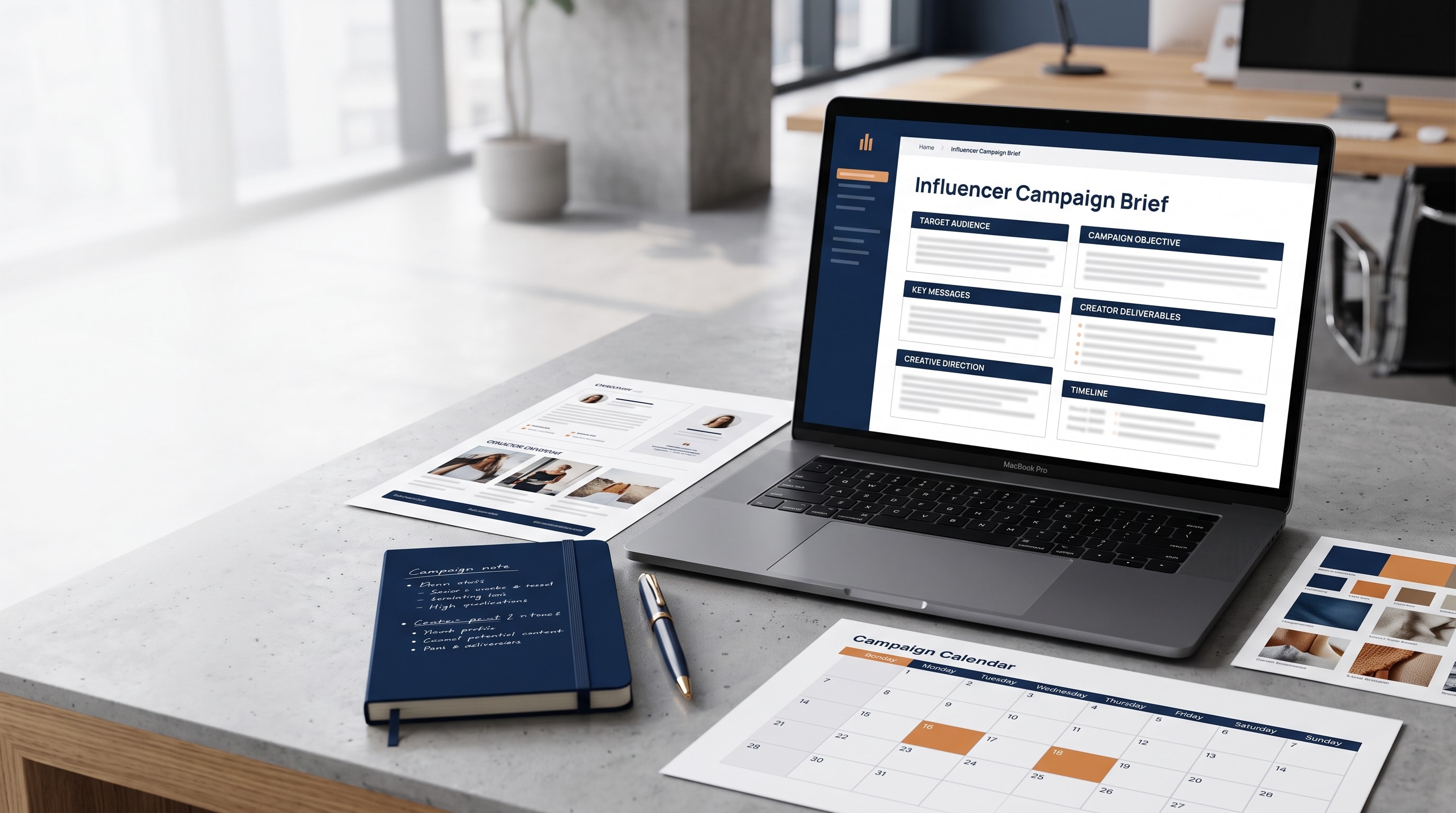 Influencer brief with target audience, campaign objectives, key messages, creator deliverables, creative direction, and timeline