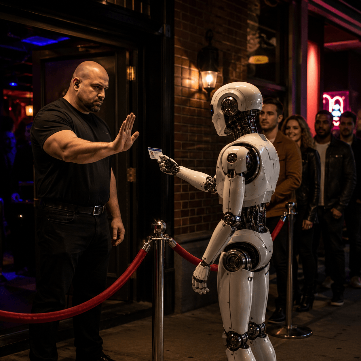 A robot getting rejected from a club — representing how marketing spam is getting rejected from communities.