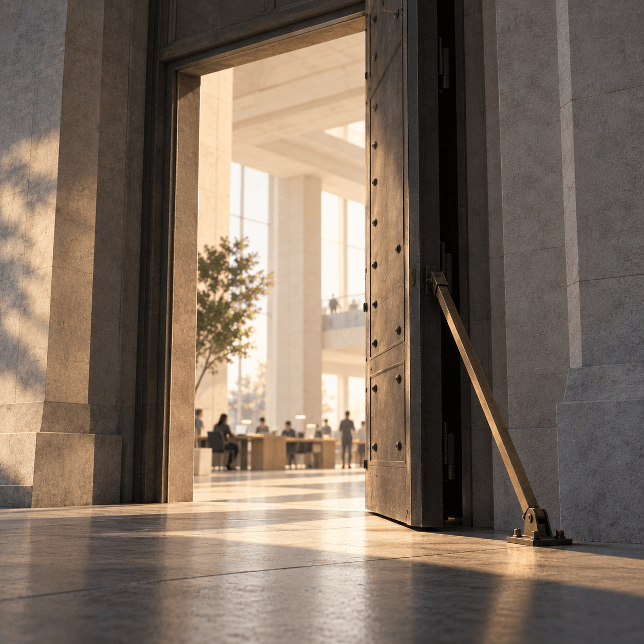 Editorial illustration of a heavy metal door held open by a single brace, representing Nvidia’s ownership of Hugging Face and the future of open-source AI.