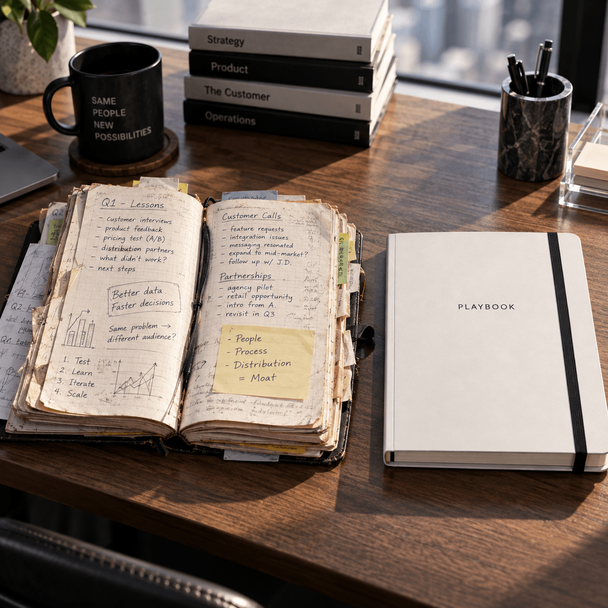 An example of learning that compounds, shown by a worn notebook full of ideas and context and a blank notebook.