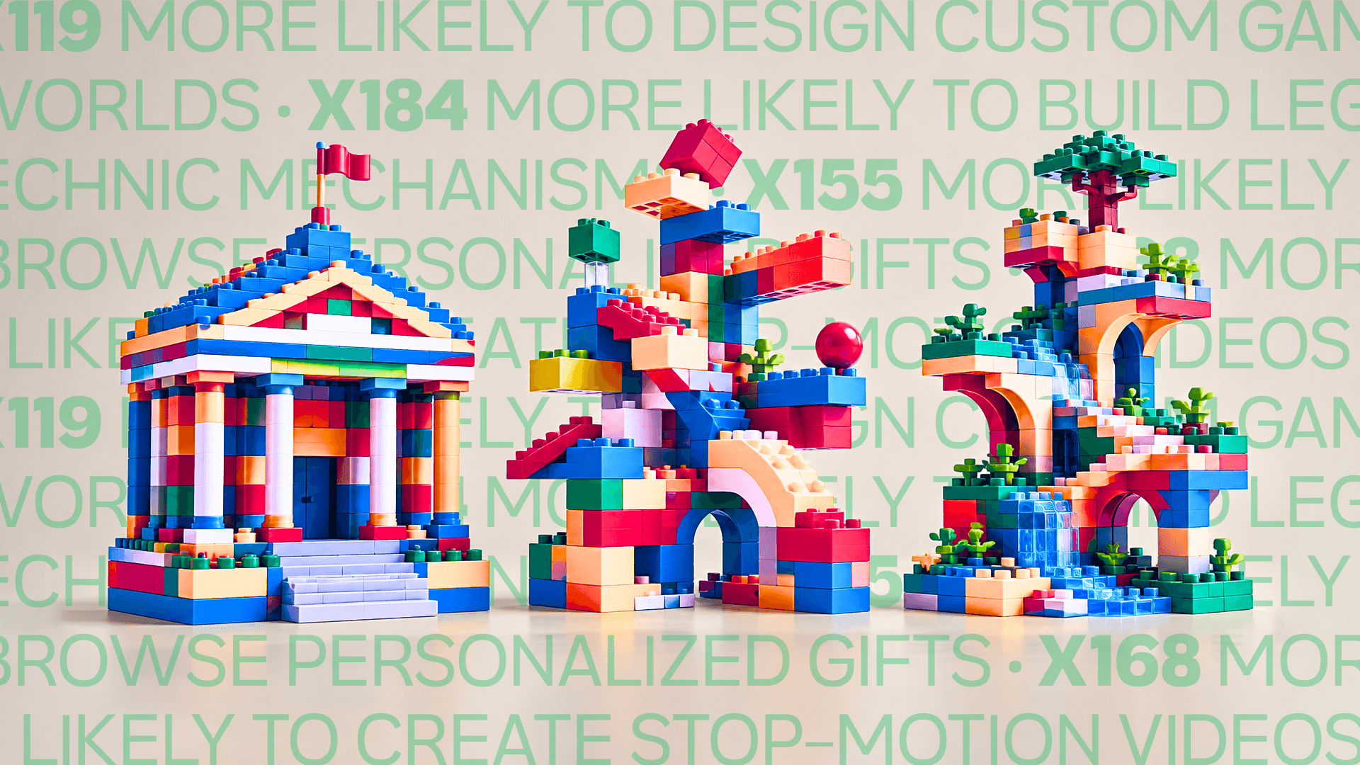 Three different LEGO structures, representing the three senior marketer's ideas for campaigns.