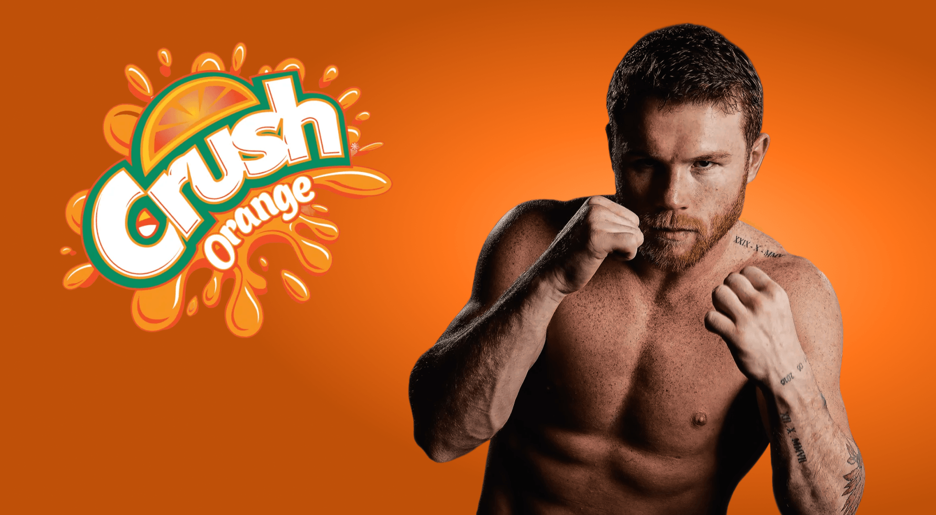 A picture of Canelo Alvarez with a Crush Soda logo