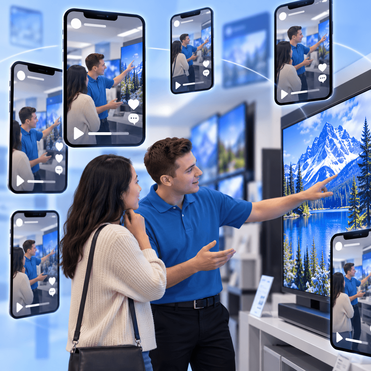 A store employee points to a large TV while a shopper listens, as floating phone screens replay the moment as short social videos.