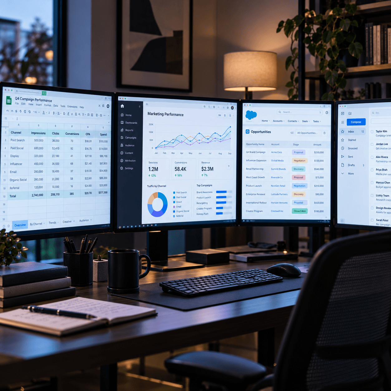 Four computer monitors display a spreadsheet, marketing analytics, CRM and email at an empty desk workstation.