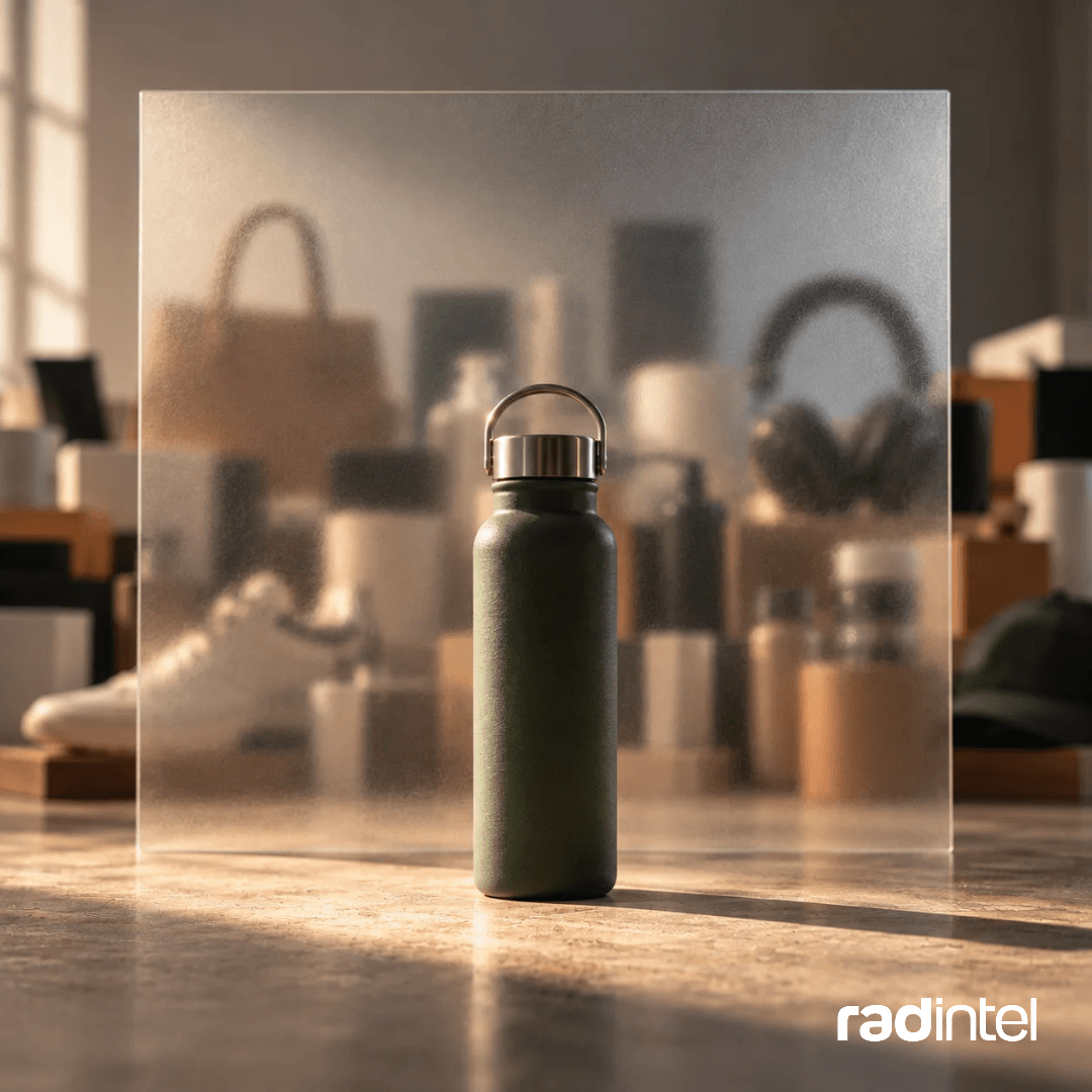 One product in clear focus in front of many others obscured behind frosted glass, suggesting an AI filter narrowing a field of options.