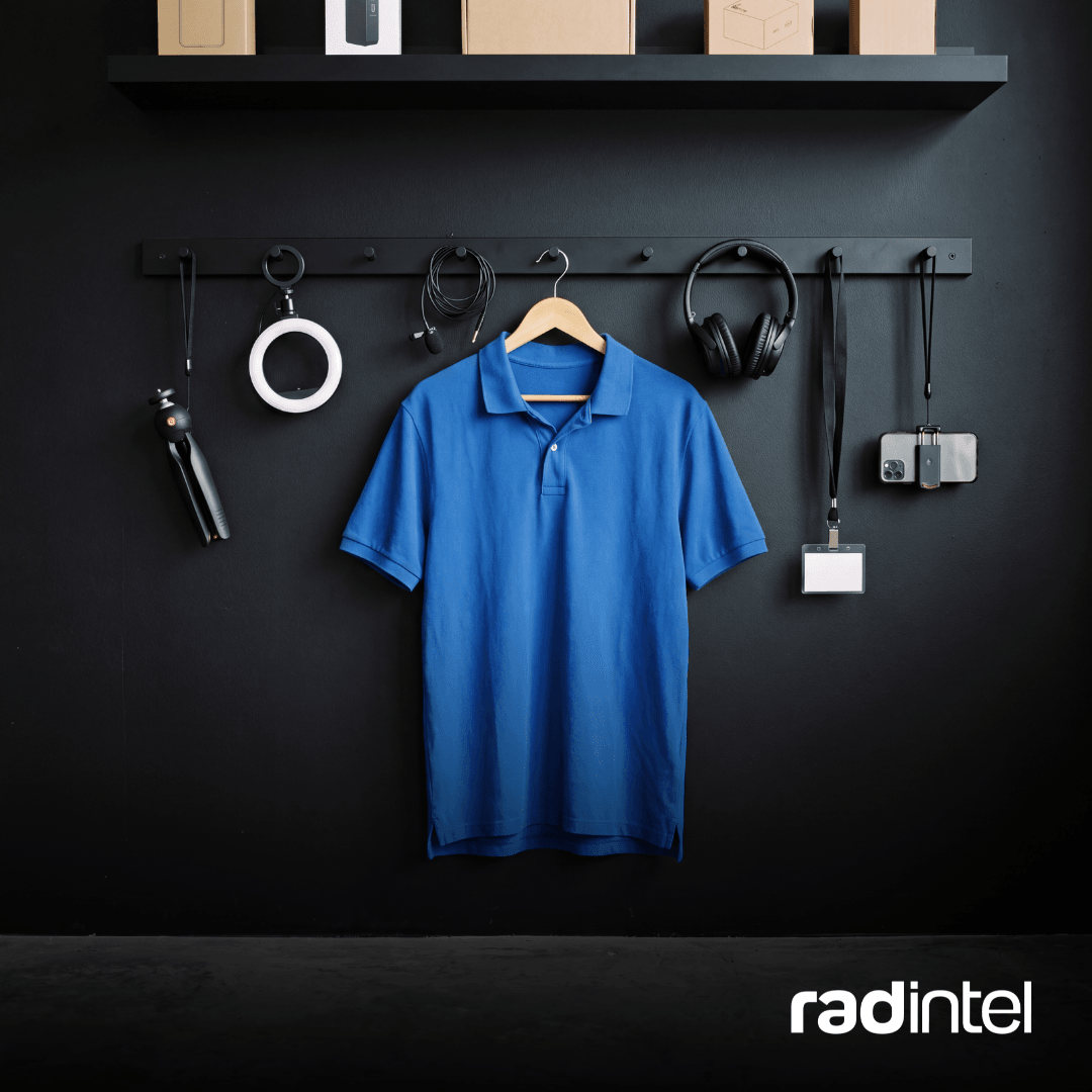 A blue shirt, like a Best Buy employee shirt, hanging up amongst creator filming gear.